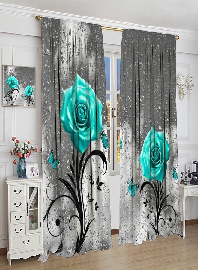 AAVEUP Teal Rose Curtains, Gray Raindrops Misty Glass Landscape Art Plant Flower Butterfly Windows Treatments, Thermal Insulated Drapes For Girls Women Bedroom Living Room Bathroom 42x45in（No Blackout） - Image 5